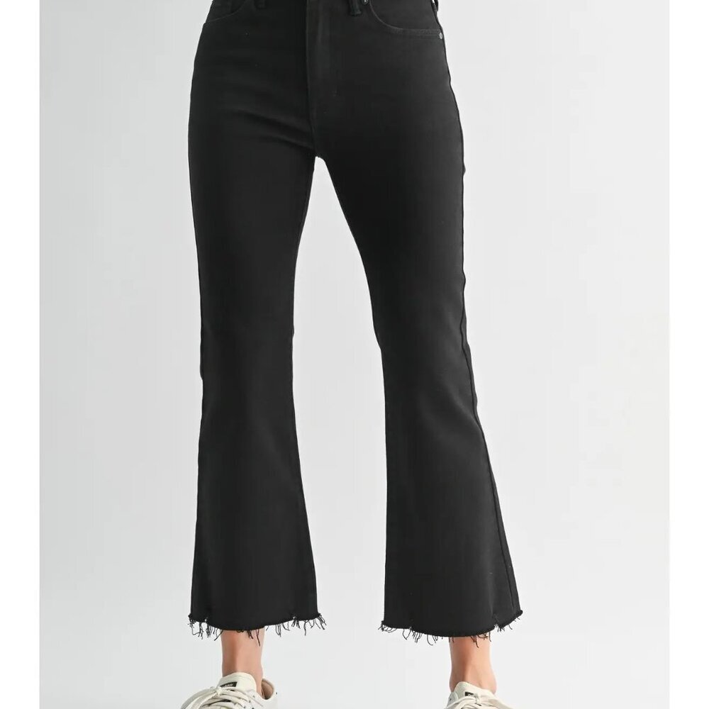 JBD Black NWT Cropped Flare Jeans High Rise Raw Hem Denim Sz 25